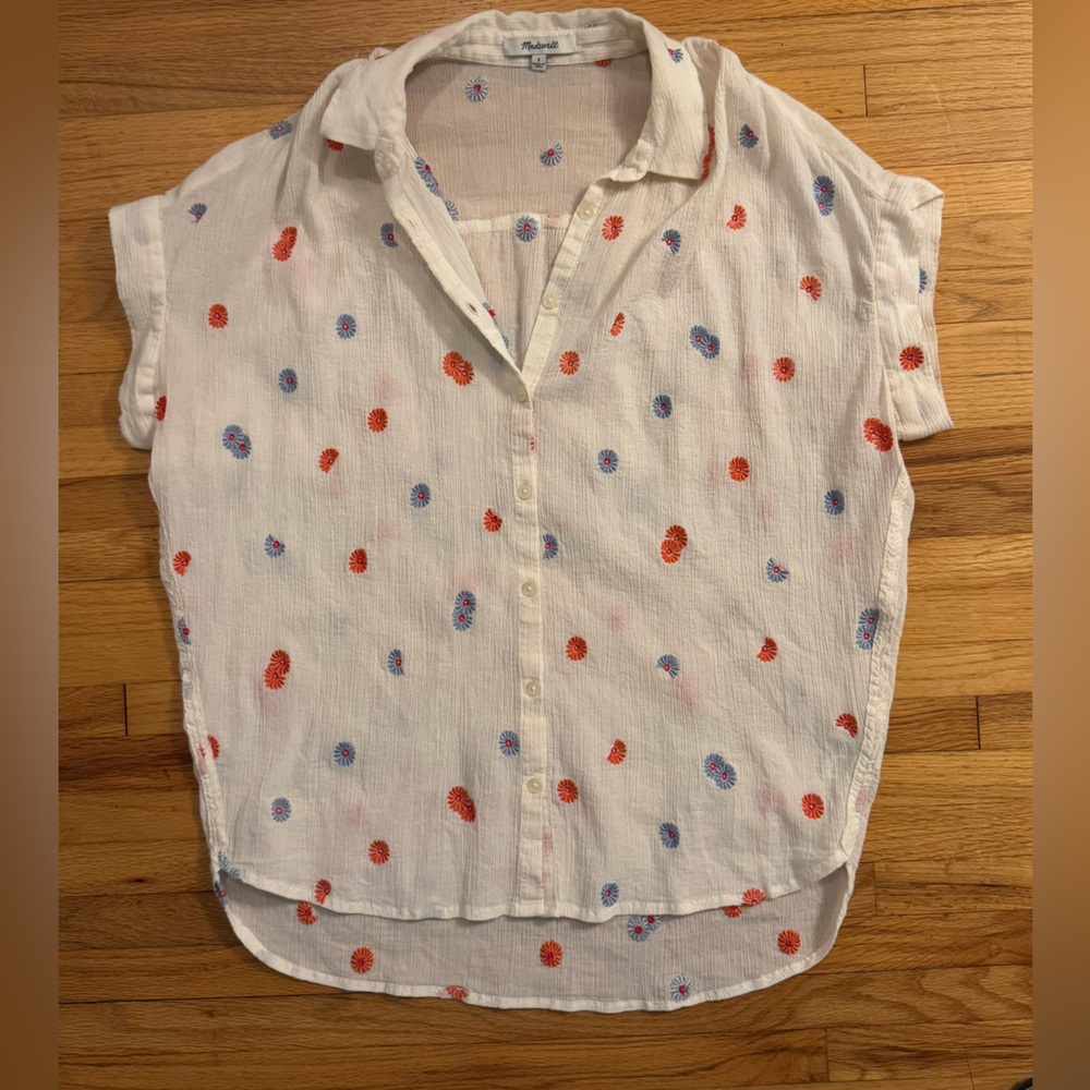 Madewell Cream and Blue Boxy Button Down Shirt